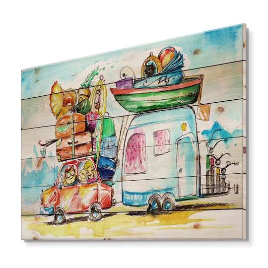Designart - Family Travel With Caravans - Farmhouse Print on Natural Pine Wood